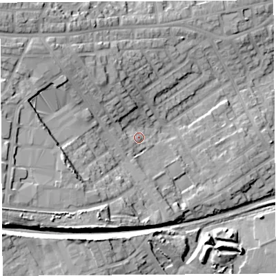 Shaded relief map of the ground around WN58DX, computed from Environment Agency LiDAR. The ground here sits at about 56 m above sea level and falls 22 m across the surrounding 800 m. Surface water reaching this point runs off ground lying to the west-north-west, 13.3 m higher.