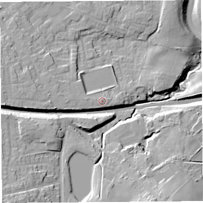 Shaded relief map of the ground around WN58TL, computed from Environment Agency LiDAR. The ground here sits at about 90 m above sea level and falls 29 m across the surrounding 800 m. Surface water reaching this point runs off ground lying to the west, 0.8 m higher.