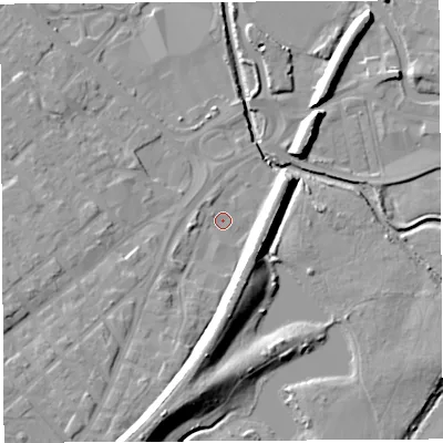 Shaded relief map of the ground around WN59AD, computed from Environment Agency LiDAR. The ground here sits at about 24 m above sea level and falls 16 m across the surrounding 800 m. Surface water reaching this point runs off ground lying to the south-south-west, 13.6 m higher.