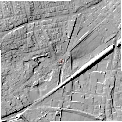 Shaded relief map of the ground around WN59BX, computed from Environment Agency LiDAR. The ground here sits at about 37 m above sea level and falls 26 m across the surrounding 800 m. Surface water reaching this point runs off ground lying to the west-north-west, 15.5 m higher.