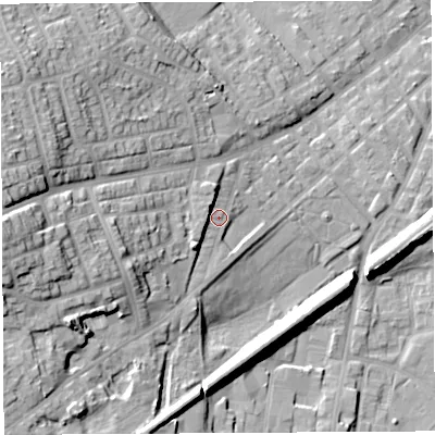 Shaded relief map of the ground around WN59BY, computed from Environment Agency LiDAR. The ground here sits at about 33 m above sea level and falls 24 m across the surrounding 800 m. Surface water reaching this point runs off ground lying to the west, 17.8 m higher.