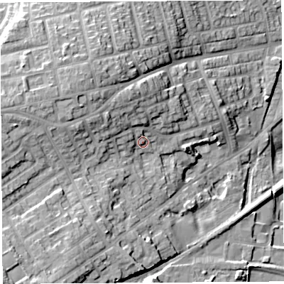 Shaded relief map of the ground around WN59ER, computed from Environment Agency LiDAR. The ground here sits at about 46 m above sea level and falls 26 m across the surrounding 800 m. Surface water reaching this point runs off ground lying to the west-north-west, 7.2 m higher.
