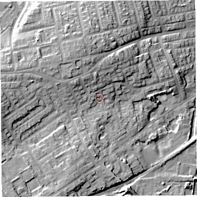 Shaded relief map of the ground around WN59ES, computed from Environment Agency LiDAR. The ground here sits at about 48 m above sea level and falls 24 m across the surrounding 800 m. Surface water reaching this point runs off ground lying to the north-west, 6.2 m higher.