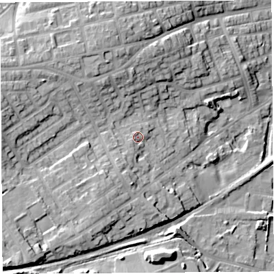 Shaded relief map of the ground around WN59ET, computed from Environment Agency LiDAR. The ground here sits at about 48 m above sea level and falls 26 m across the surrounding 800 m. Surface water reaching this point runs off ground lying to the south-south-west, 2.7 m higher.