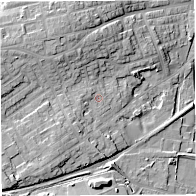 Shaded relief map of the ground around WN59EY, computed from Environment Agency LiDAR. The ground here sits at about 46 m above sea level and falls 27 m across the surrounding 800 m. Surface water reaching this point runs off ground lying to the south-west, 4.6 m higher.