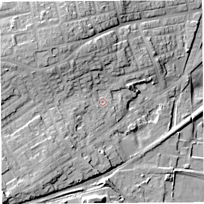 Shaded relief map of the ground around WN59EZ, computed from Environment Agency LiDAR. The ground here sits at about 45 m above sea level and falls 28 m across the surrounding 800 m. Surface water reaching this point runs off ground lying to the west-south-west, 3.5 m higher.