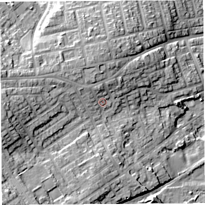 Shaded relief map of the ground around WN59HA, computed from Environment Agency LiDAR. The ground here sits at about 50 m above sea level and falls 25 m across the surrounding 800 m. Surface water reaching this point runs off ground lying to the north-west, 3.6 m higher.