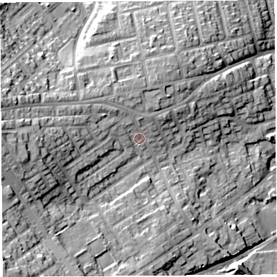 Shaded relief map of the ground around WN59HB, computed from Environment Agency LiDAR. The ground here sits at about 52 m above sea level and falls 25 m across the surrounding 800 m. Surface water reaching this point runs off ground lying to the west, 13.7 m higher.
