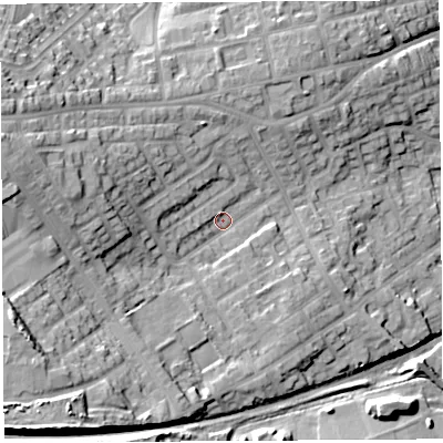 Shaded relief map of the ground around WN59HD, computed from Environment Agency LiDAR. The ground here sits at about 51 m above sea level and falls 25 m across the surrounding 800 m. Surface water reaching this point runs off ground lying to the south-west, 17.5 m higher.