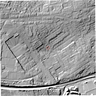 Shaded relief map of the ground around WN59HN, computed from Environment Agency LiDAR. The ground here sits at about 54 m above sea level and falls 22 m across the surrounding 800 m. Surface water reaching this point runs off ground lying to the south-south-west, 14.2 m higher.