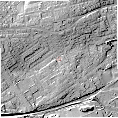 Shaded relief map of the ground around WN59HP, computed from Environment Agency LiDAR. The ground here sits at about 50 m above sea level and falls 28 m across the surrounding 800 m. Surface water reaching this point runs off ground lying to the south-west, 17.5 m higher.