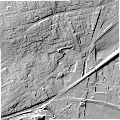 Shaded relief map of the ground around WN59HU, computed from Environment Agency LiDAR. The ground here sits at about 41 m above sea level and falls 27 m across the surrounding 800 m. Surface water reaching this point runs off ground lying to the west-south-west, 14.0 m higher.