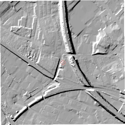 Shaded relief map of the ground around WN67DB, computed from Environment Agency LiDAR. The ground here sits at about 32 m above sea level and falls 20 m across the surrounding 800 m. Surface water reaching this point runs off ground lying to the north, 12.7 m higher.