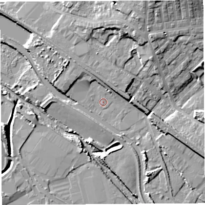 Shaded relief map of the ground around WN67LA, computed from Environment Agency LiDAR. The ground here sits at about 25 m above sea level and falls 19 m across the surrounding 800 m. Surface water reaching this point runs off ground lying to the north-north-west, 2.7 m higher.