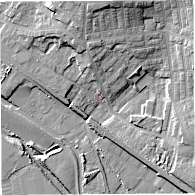 Shaded relief map of the ground around WN67LG, computed from Environment Agency LiDAR. The ground here sits at about 27 m above sea level and falls 20 m across the surrounding 800 m. Surface water reaching this point runs off ground lying to the north, 7.7 m higher.