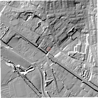Shaded relief map of the ground around WN67LH, computed from Environment Agency LiDAR. The ground here sits at about 25 m above sea level and falls 18 m across the surrounding 800 m. Surface water reaching this point runs off ground lying to the north, 15.2 m higher.
