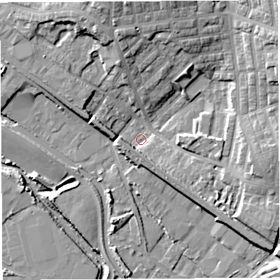 Shaded relief map of the ground around WN67LQ, computed from Environment Agency LiDAR. The ground here sits at about 25 m above sea level and falls 17 m across the surrounding 800 m. Surface water reaching this point runs off ground lying to the north, 13.6 m higher.