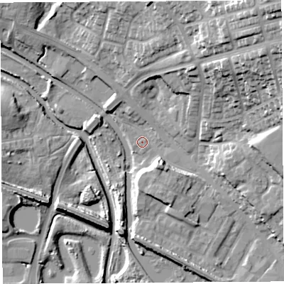 Shaded relief map of the ground around WN67TD, computed from Environment Agency LiDAR. The ground here sits at about 24 m above sea level and falls 33 m across the surrounding 800 m. Surface water reaching this point runs off ground lying to the north-east, 30.6 m higher.