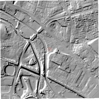 Shaded relief map of the ground around WN67TE, computed from Environment Agency LiDAR. The ground here sits at about 23 m above sea level and falls 31 m across the surrounding 800 m. Surface water reaching this point runs off ground lying to the east-south-east, 8.7 m higher.