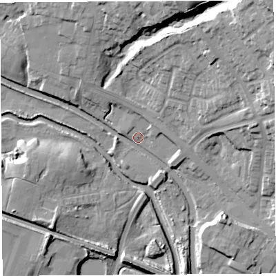 Shaded relief map of the ground around WN67TF, computed from Environment Agency LiDAR. The ground here sits at about 23 m above sea level and falls 28 m across the surrounding 800 m. Surface water reaching this point runs off ground lying to the north-east, 23.8 m higher.