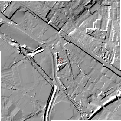 Shaded relief map of the ground around WN67TG, computed from Environment Agency LiDAR. The ground here sits at about 25 m above sea level and falls 13 m across the surrounding 800 m. Surface water reaching this point runs off ground lying to the north-west, 3.4 m higher.
