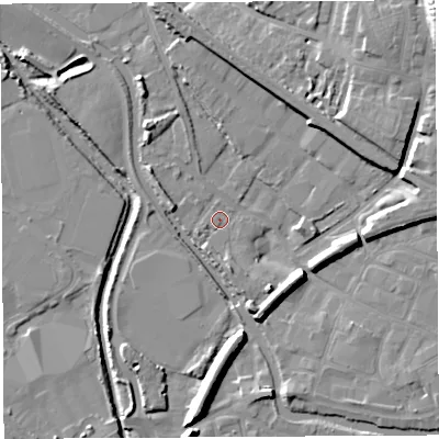 Shaded relief map of the ground around WN67TJ, computed from Environment Agency LiDAR. The ground here sits at about 25 m above sea level and falls 21 m across the surrounding 800 m. Surface water reaching this point runs off ground lying to the north-east, 10.3 m higher.