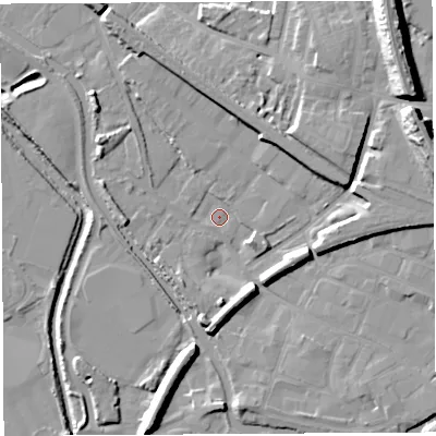 Shaded relief map of the ground around WN67TL, computed from Environment Agency LiDAR. The ground here sits at about 24 m above sea level and falls 22 m across the surrounding 800 m. Surface water reaching this point runs off ground lying to the east-north-east, 19.3 m higher.