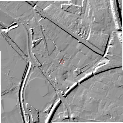 Shaded relief map of the ground around WN67TN, computed from Environment Agency LiDAR. The ground here sits at about 24 m above sea level and falls 22 m across the surrounding 800 m. Surface water reaching this point runs off ground lying to the east-north-east, 19.2 m higher.