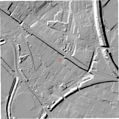 Shaded relief map of the ground around WN67TP, computed from Environment Agency LiDAR. The ground here sits at about 25 m above sea level and falls 23 m across the surrounding 800 m. Surface water reaching this point runs off ground lying to the east-north-east, 6.0 m higher.