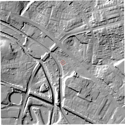 Shaded relief map of the ground around WN67TR, computed from Environment Agency LiDAR. The ground here sits at about 24 m above sea level and falls 33 m across the surrounding 800 m. Surface water reaching this point runs off ground lying to the north-east, 30.5 m higher.