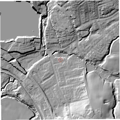 Shaded relief map of the ground around WN68DN, computed from Environment Agency LiDAR. The ground here sits at about 26 m above sea level and falls 44 m across the surrounding 800 m. Surface water reaching this point runs off ground lying to the north-east, 33.9 m higher.