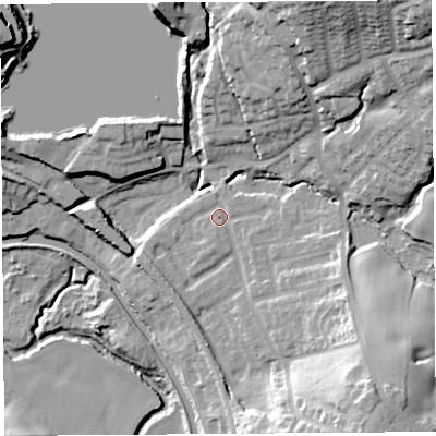 Shaded relief map of the ground around WN68DR, computed from Environment Agency LiDAR. The ground here sits at about 26 m above sea level and falls 42 m across the surrounding 800 m. Surface water reaching this point runs off ground lying to the east, 2.1 m higher.