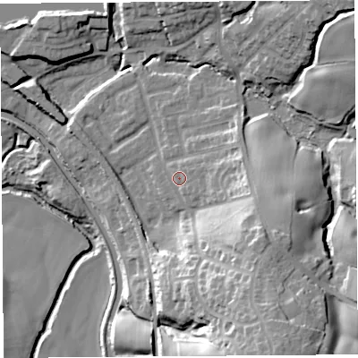 Shaded relief map of the ground around WN68ER, computed from Environment Agency LiDAR. The ground here sits at about 28 m above sea level and falls 36 m across the surrounding 800 m. Surface water reaching this point runs off ground lying to the east-south-east, 11.2 m higher.
