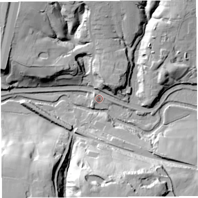Shaded relief map of the ground around WN68HZ, computed from Environment Agency LiDAR. The ground here sits at about 23 m above sea level and falls 41 m across the surrounding 800 m. Surface water reaching this point runs off ground lying to the north-west, 2.8 m higher.