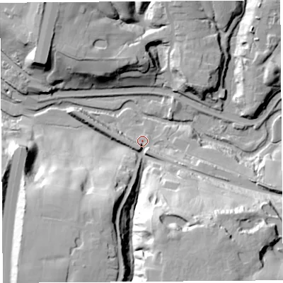 Shaded relief map of the ground around WN68JB, computed from Environment Agency LiDAR. The ground here sits at about 23 m above sea level and falls 42 m across the surrounding 800 m. Surface water reaching this point runs off ground lying to the south-south-east, 36.9 m higher.