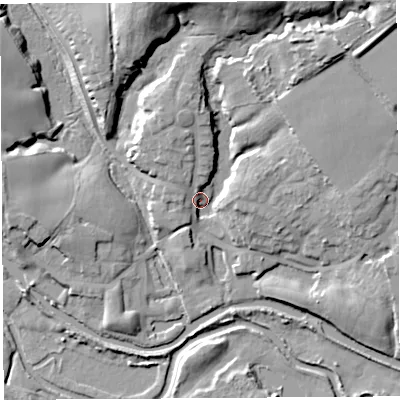 Shaded relief map of the ground around WN68LJ, computed from Environment Agency LiDAR. The ground here sits at about 25 m above sea level and falls 24 m across the surrounding 800 m. Surface water reaching this point runs off ground lying to the north-north-west, 8.9 m higher.