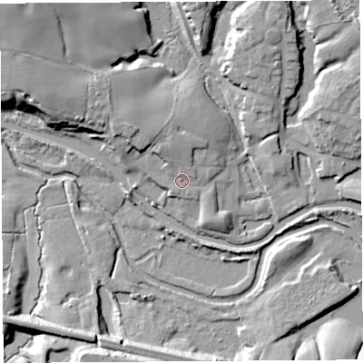 Shaded relief map of the ground around WN68LR, computed from Environment Agency LiDAR. The ground here sits at about 26 m above sea level and falls 19 m across the surrounding 800 m. Surface water reaching this point runs off ground lying to the north-north-west, 4.3 m higher.
