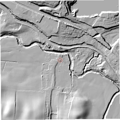 Shaded relief map of the ground around WN69AP, computed from Environment Agency LiDAR. The ground here sits at about 17 m above sea level and falls 28 m across the surrounding 800 m. Surface water reaching this point runs off ground lying to the south-south-east, 1.1 m higher.