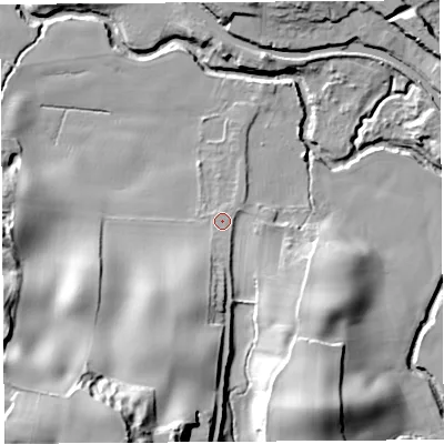 Shaded relief map of the ground around WN69AR, computed from Environment Agency LiDAR. The ground here sits at about 18 m above sea level and falls 38 m across the surrounding 800 m. Surface water reaching this point runs off ground lying to the south-south-west, 33.2 m higher.