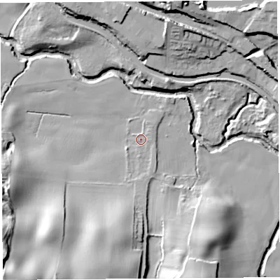 Shaded relief map of the ground around WN69AS, computed from Environment Agency LiDAR. The ground here sits at about 17 m above sea level and falls 33 m across the surrounding 800 m. Surface water reaching this point runs off ground lying to the south, 2.2 m higher.