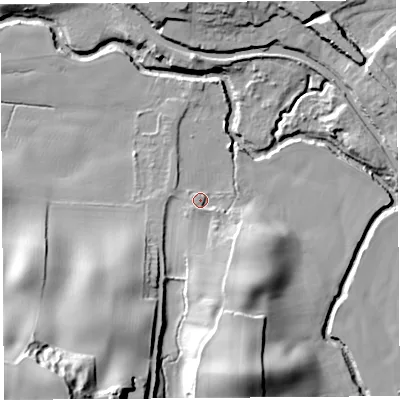 Shaded relief map of the ground around WN69AT, computed from Environment Agency LiDAR. The ground here sits at about 18 m above sea level and falls 38 m across the surrounding 800 m. Surface water reaching this point runs off ground lying to the south-south-east, 12.7 m higher.