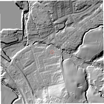 Shaded relief map of the ground around WN69BB, computed from Environment Agency LiDAR. The ground here sits at about 27 m above sea level and falls 46 m across the surrounding 800 m. Surface water reaching this point runs off ground lying to the east-south-east, 2.5 m higher.