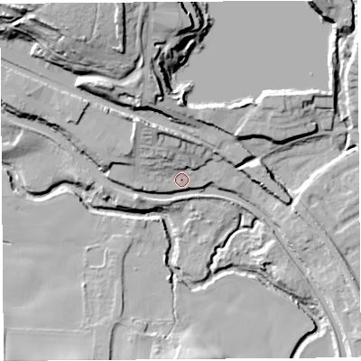 Shaded relief map of the ground around WN69DA, computed from Environment Agency LiDAR. The ground here sits at about 22 m above sea level and falls 36 m across the surrounding 800 m. Surface water reaching this point runs off ground lying to the north-west, 9.5 m higher.