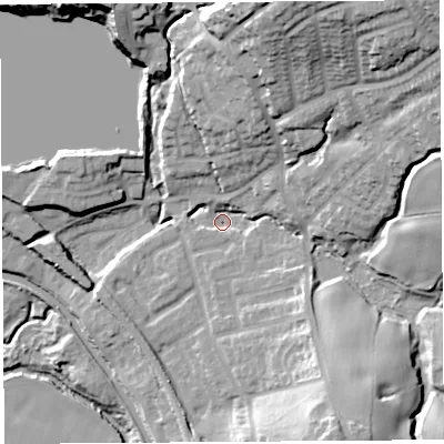 Shaded relief map of the ground around WN69DE, computed from Environment Agency LiDAR. The ground here sits at about 24 m above sea level and falls 45 m across the surrounding 800 m. Surface water reaching this point runs off ground lying to the north-east, 35.9 m higher.