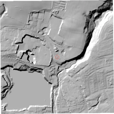 Shaded relief map of the ground around WN69DJ, computed from Environment Agency LiDAR. The ground here sits at about 49 m above sea level and falls 60 m across the surrounding 800 m. Surface water reaching this point runs off ground lying to the north-north-east, 32.9 m higher.