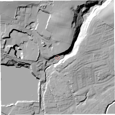 Shaded relief map of the ground around WN69HD, computed from Environment Agency LiDAR. The ground here sits at about 40 m above sea level and falls 57 m across the surrounding 800 m. Surface water reaching this point runs off ground lying to the north-east, 42.2 m higher.