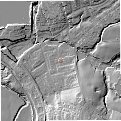 Shaded relief map of the ground around WN69HU, computed from Environment Agency LiDAR. The ground here sits at about 27 m above sea level and falls 40 m across the surrounding 800 m. Surface water reaching this point runs off ground lying to the east-south-east, 5.6 m higher.