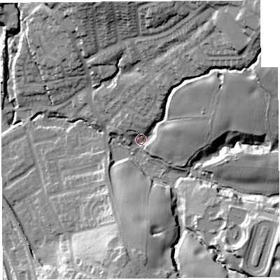 Shaded relief map of the ground around WN69JB, computed from Environment Agency LiDAR. The ground here sits at about 30 m above sea level and falls 48 m across the surrounding 800 m. Surface water reaching this point runs off ground lying to the north-east, 36.1 m higher.