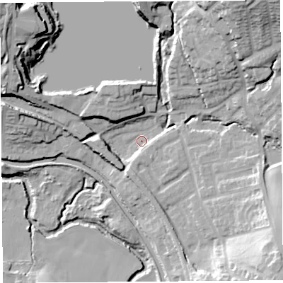 Shaded relief map of the ground around WN69LJ, computed from Environment Agency LiDAR. The ground here sits at about 21 m above sea level and falls 40 m across the surrounding 800 m. Surface water reaching this point runs off ground lying to the north-east, 34.3 m higher.