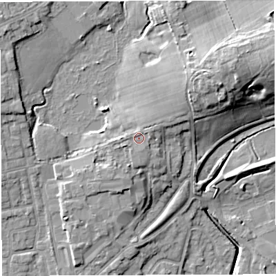 Shaded relief map of the ground around WN71EH, computed from Environment Agency LiDAR. The ground here sits at about 29 m above sea level and falls 18 m across the surrounding 800 m. Surface water reaching this point runs off ground lying to the south, 0.7 m higher.